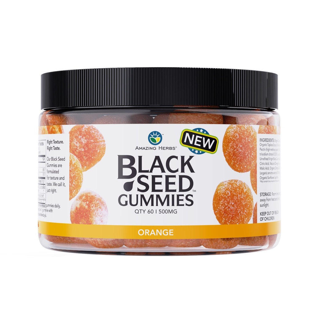 Úžasné byliny Organic Black Seed Oil Gummies - 500mg per serviceing, Cold Pressed Black Cumin Seed, Made with Nigella Sativa, pomáha zvýšiť imunitu, podporuje zdravé trávenie - Orange Flavor 60 Count