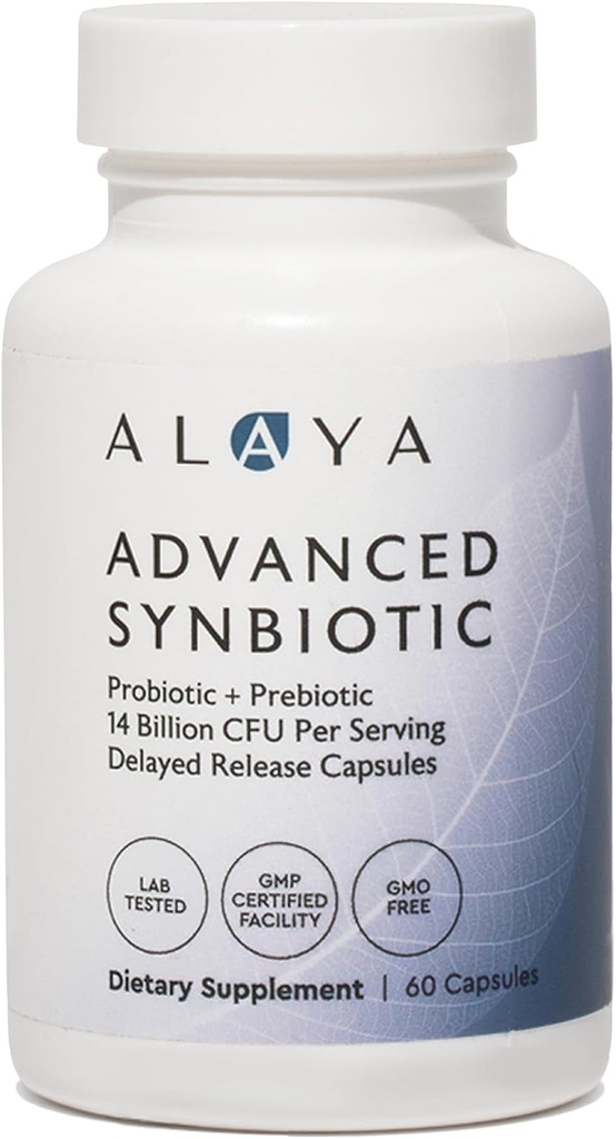 Alaya Naturals Advanced Synbiotic - Probiotikum + Prebiotikum - 14 miliárd CFU Oneskorené vydanie Probiotické doplnky s prebiotikami zo Sunfiber® a L-glutamín pre Gut Lining Integrity - 60 kapsúl