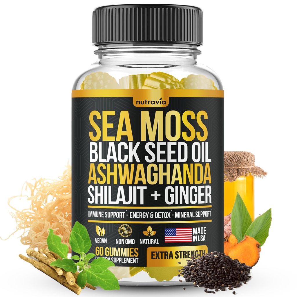 Morské machy, olej z čiernych semien, Ashwagandha, Ginger, Shilajit Gumies s bazami, Chlorofyl, Turmeric Bladderwrack Sea Moss Gummies Advanced Strength Formula - všetko v 1 Bundle - USA Made (60 Gummies)