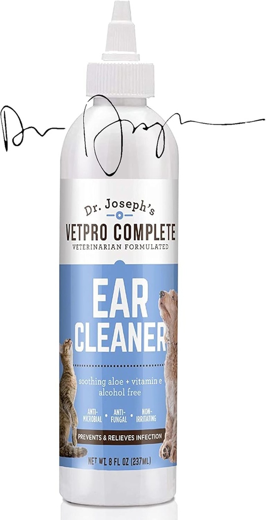VetPro Complete Dr. Joseph's Dog Ear Cleaner, 8 Ounces, Gentle Dog and Cat Ear Rinse Solution Wash with Aloe Vera and Vitamin E, Dog Ear Drops to Remove Wax and Debris, Reductions Odor, Easy Applicator