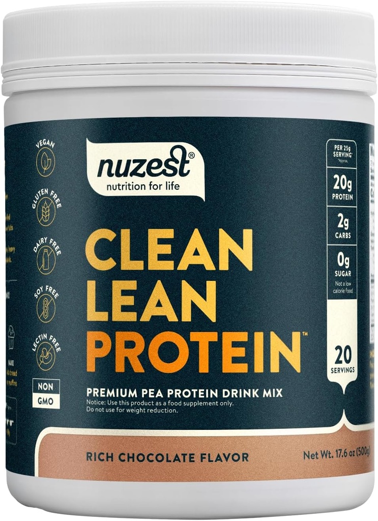 Nuzest - Pea Protein Powder - Clean Lean Protein, Premium Vegan Plant Based Protein Powder, Dairy Free, Gluten Free, GMO Free, Protein Shake, Rich Chocolate, 20 Servings, 1.1 lb