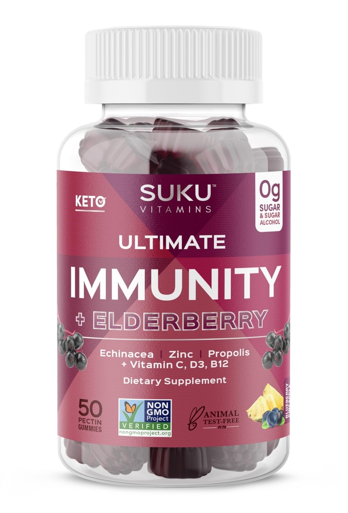 SUKU vitamíny - Ultimate Imunity - bazová echinacea a Propolis Gummy pre imunitnú podporu, ľahko žuvať - Non GMO, Gluten Sugar Free - Pomegranate Lime Ochutené Gummy Vitamíny, 50 Počet