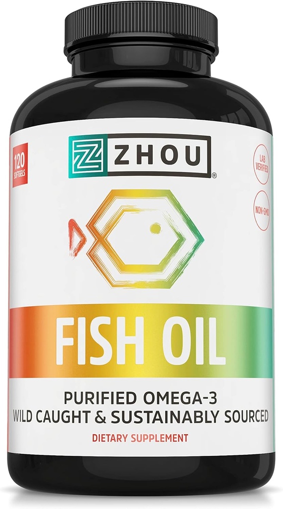 Zhou Fish Oil - Fish Oil Supplement for Women & Men, Omega 3 Fatty Acid, Natural Source of DHA & EPA for Adults, Burpless, Pure, Heart & Joint Health - 120 Softgels