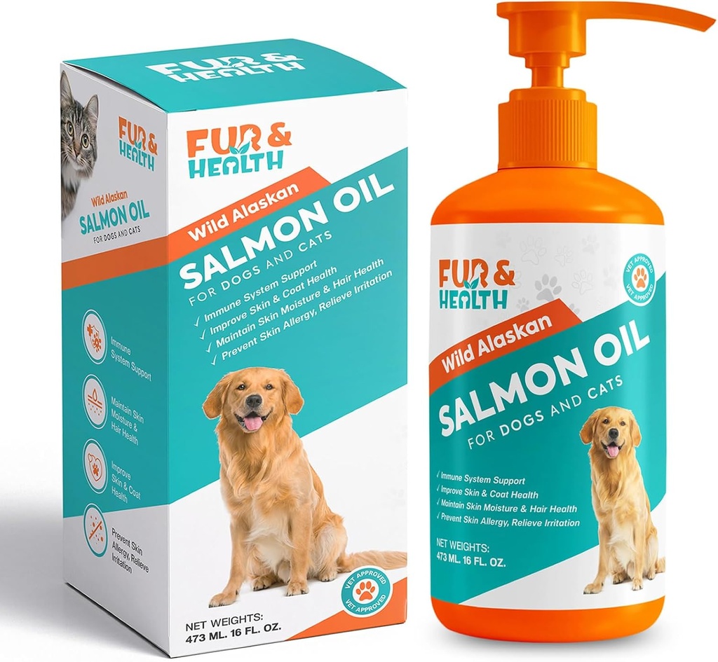 Fur & Health Wild Aljašský lososový olej s Omega 3 pre psy a mačky - Natural Fish Oil Supplement Healthy Skin, Shiny Coat & Joint Support - Pure EPA & DHA Formula pre Pet Immune Health 16oz