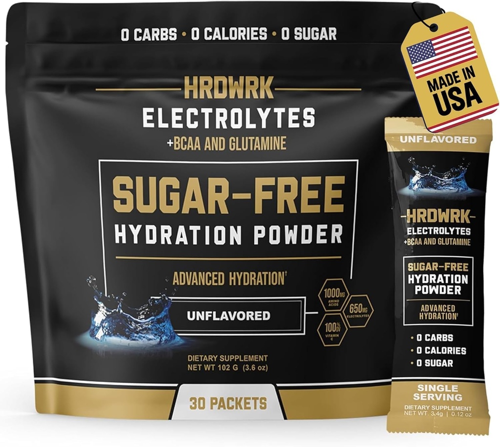Powder Pakety HRDWRK Electrolytes s horčíkom, sodíkom draselným, hydratačnými balíčkami Keto - BCAA Powder Pakety s glutamínom, 30 powder Pakety Electrolytes bez cukru (nearomatizované)