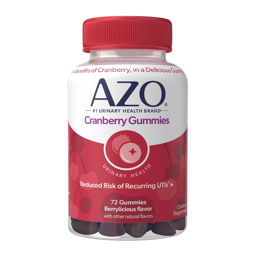 AZO Cranberry Urinary Tract Health Gummies Dietary Supplement, 2 Gummies = 1 Glass of Cranberry Juice, pomáha očistiť a chrániť, Natural Berrylicious Flavor, non-GMO, 72 Gummies