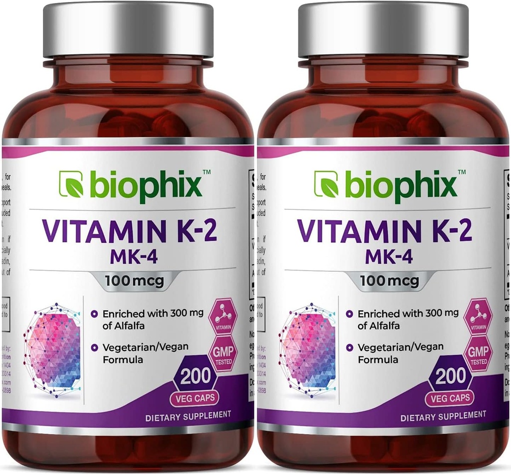biofilx Vitamín K2 MK-4-100 mcg 200 Caps with Aalfalfa 2 Balíček - podporuje silné kosti Imunitné zdravie
