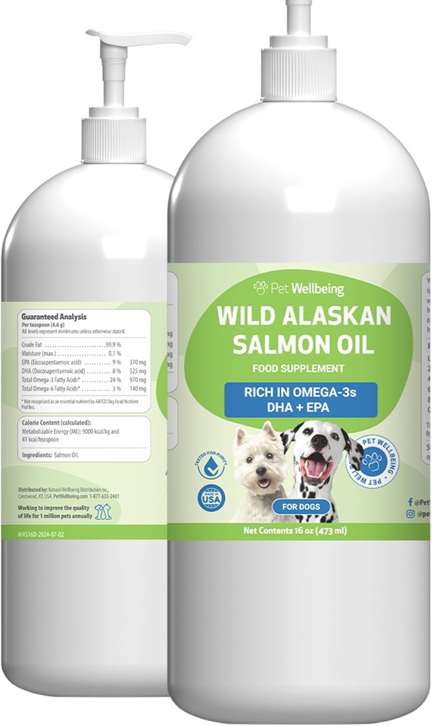 Pet Wellbeing Wild Aljašský lososový olej pre psy - Wild-Caught, Cold-Processed, Daily Omega-3 Fish Oil for Healthy Coat and Skin, Joint Mobility and Strength - EPA, DHA - 16 fl oz (473 ml)