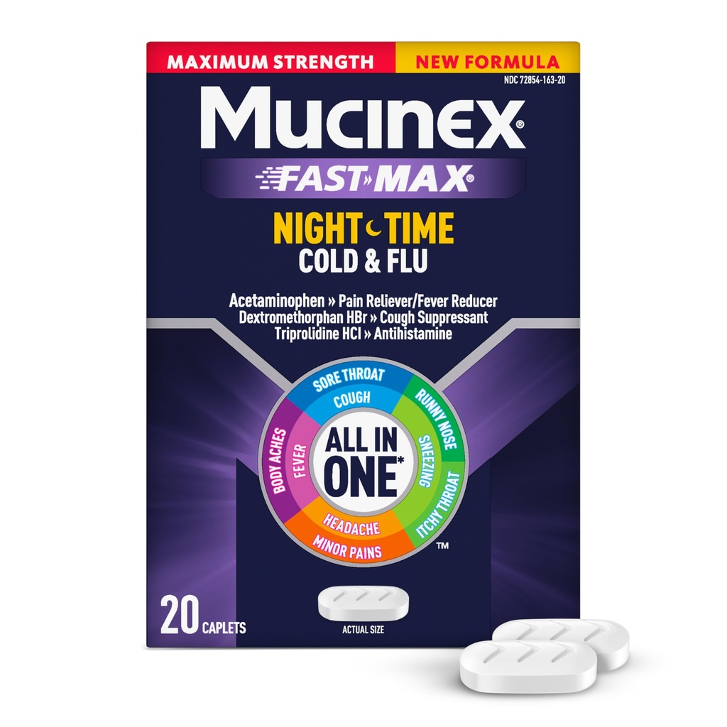Mucinex Nightshift Cold & Flu, Maximálna sila Výkonný Multi-Symptom Nighttime Relief, 20 Rýchle uvoľnenie Caplets - Bolesť Reliever / Fever Reducer, Kašeľ Potláčač, Antihistaminika