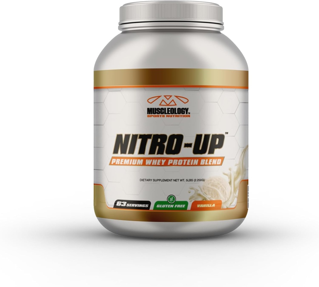 MUSKLEOLÓGIA Nitro-Up Hydrolyzed Whey Isolát Protein, Infunded with BCAAs, EAAs, and Digestive Enzymes (Vanilla, 5 libra)