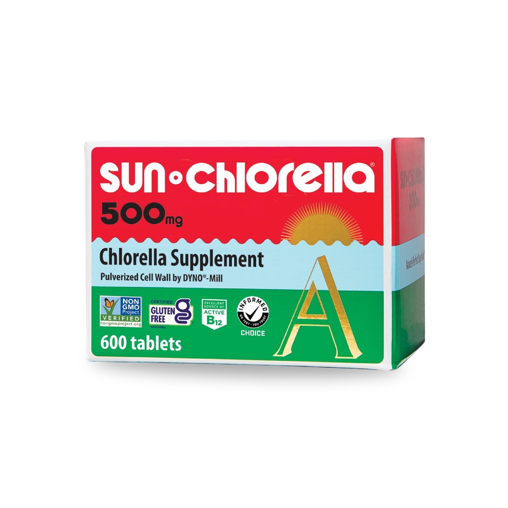 Sun Chlorella 500mg Celotelový Wellness Zelená Algae Superfood Supplement - Immune Defense, Gut Health, Natural Purification, Energy Boost - Chlorofyl, B12, Železo, Protein - Non-GMO - 600 Tablety