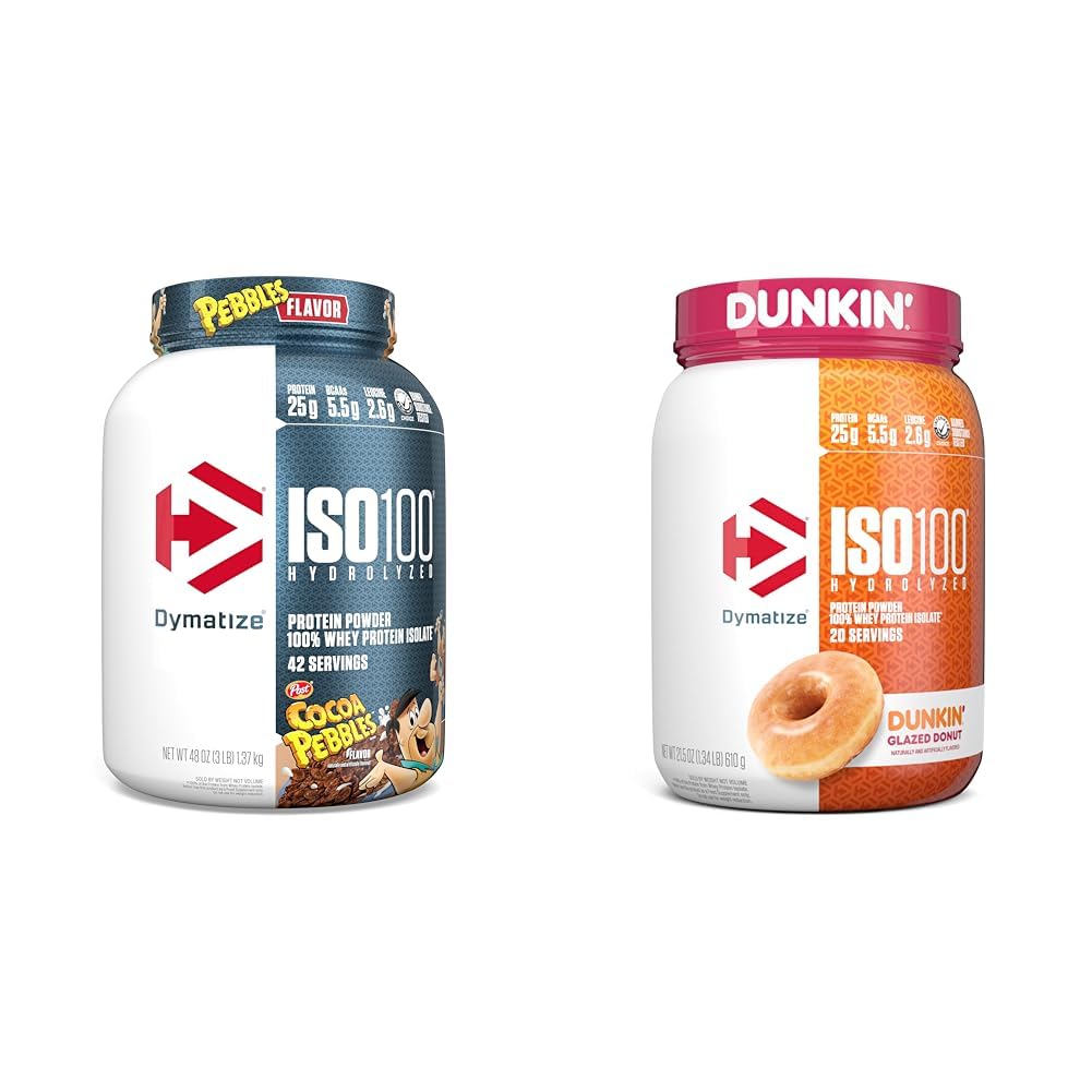 Dymatizácia ISO100 Hydrolyzovaný proteínový prášok, 100% srvátka Izolát, 25 g proteínu, 5,5 g BCAA & ISO100 Hydrolyzovaný proteínový prášok, 100% srsť izolát, Dunkin' Glazed Donut Flavor