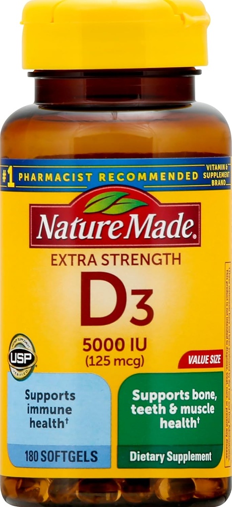 Extra sila Vitamín D3 5000 IU (125 μg), 180 Softgels Value Size, High Potency Vitamin D pomáha podporovať imunitné zdravie, silné kosti a zuby, & svalová funkcia