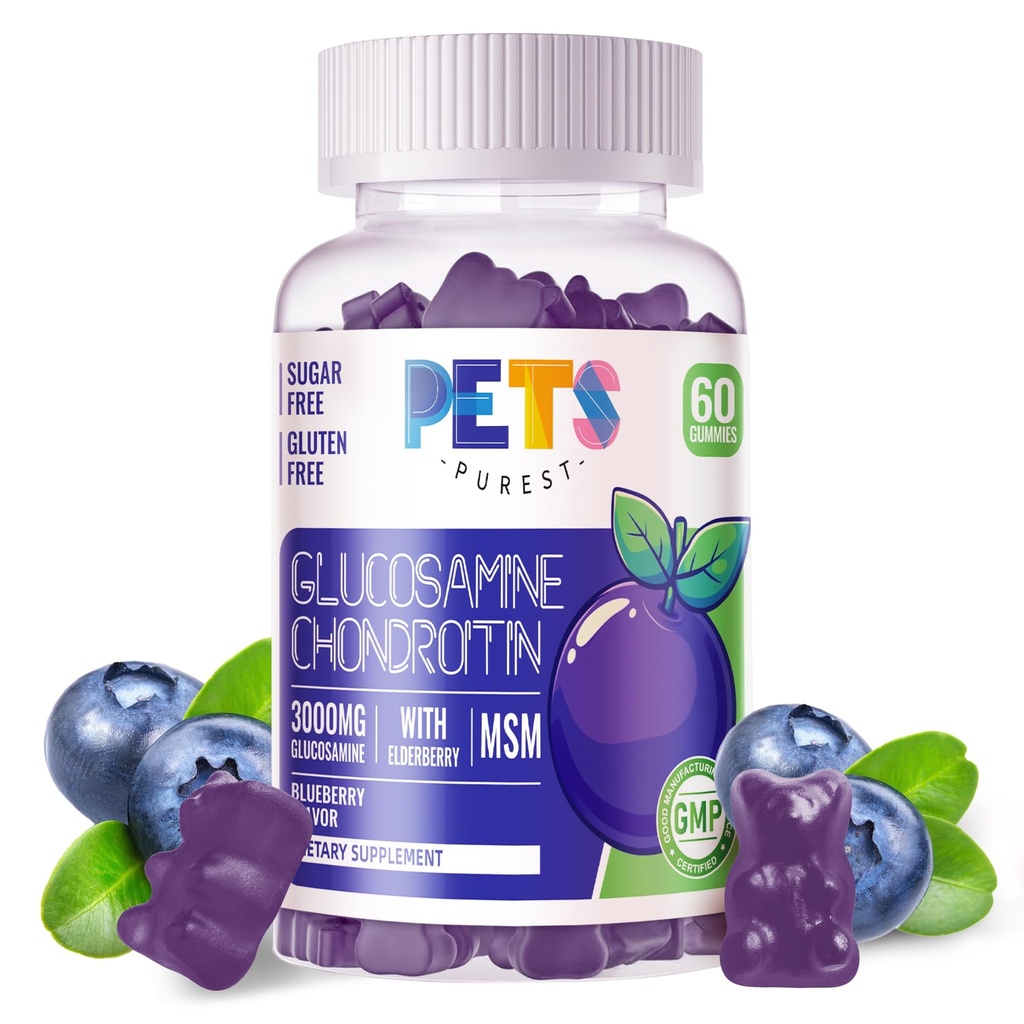 Domáce zvieratá Čistý Glukozamín Chondroitín Gummy s MSM a bazami Extra sila - Spoločná podpora, Antioxidant Immune Suplement pre dospelých, Muži a ženy.60 Čučoriedkové Gummy