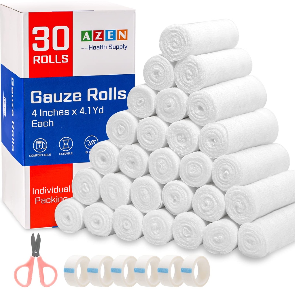 AZEN 30 Balenie Gauze rolky pásy, 4 v x 4.1 Yards, Premium Medical Supplies & First Aid Supplies, Bandage Wrap Vet Wrap, Mummy Wraps