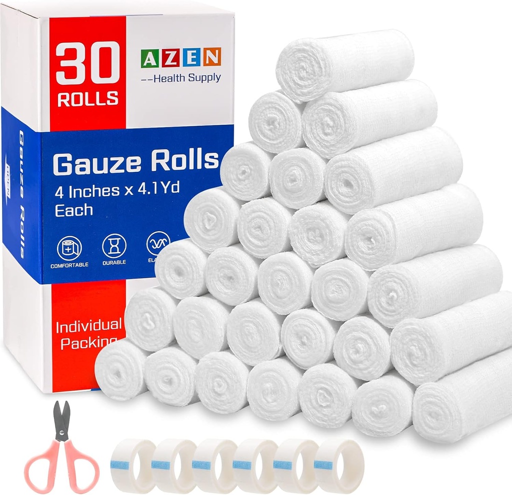 AZEN 30 Balenie Gauze rolky pásy, 4 v x 4.1 Yards, Premium Medical Supplies & First Aid Supplies, Bandage Wrap Vet Wrap, Mummy Wraps