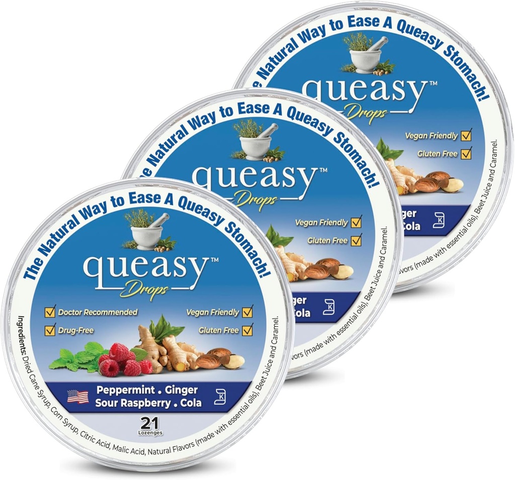 Tri lollies Queasy kvapky - Relief from Nausea & Travel Choose - Relies a Suché ústa a upokojuje Žalúdok - prírodné zložky - 4 príchute - 21ct (Stock of 3)