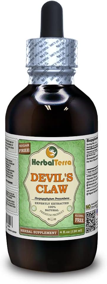 Devil's Claw (Harpagophytum Procumbens) Glycerit, Organic Sušená Root Bez obsahu alkoholu Tekutý extrakt (Rukovina: HerbalTerra, Hrdo Vyrobené v USA) 4 fl.oz (120 ml)