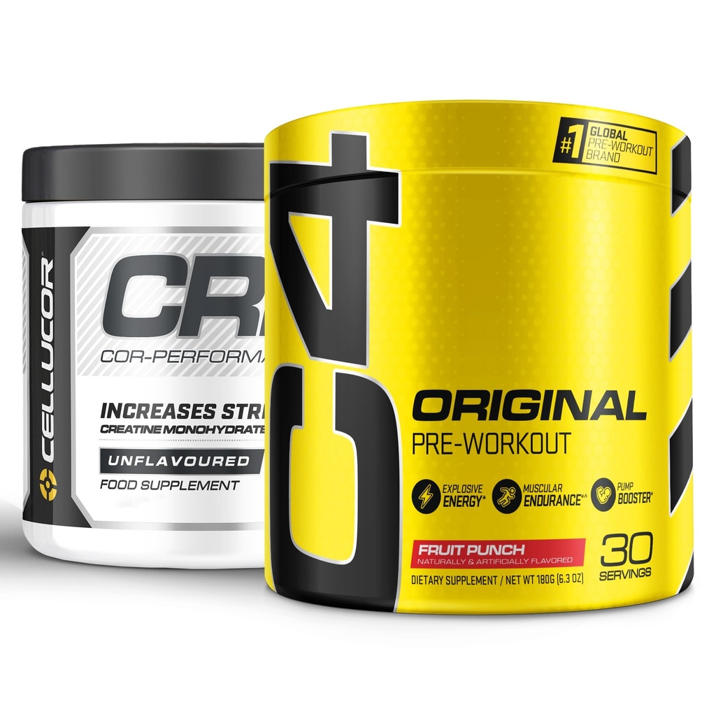 Cellucor Pre Cvičenie & Creatine Bundle, C4 Originálny predcvičný prášok, ovocný punch, 30 Servings + Cor Performance Creatine Powder, 72 Servíruje