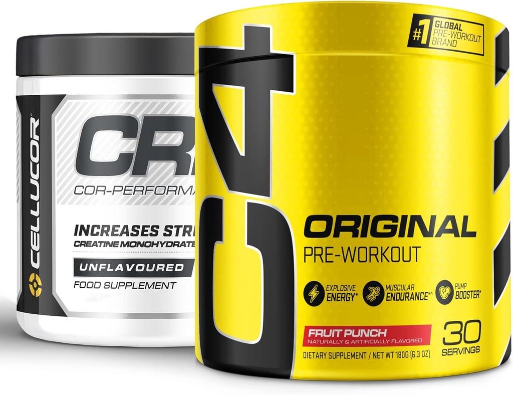 Cellucor Pre Cvičenie & Creatine Bundle, C4 Originálny predcvičný prášok, ovocný punch, 30 Servings + Cor Performance Creatine Powder, 72 Servíruje