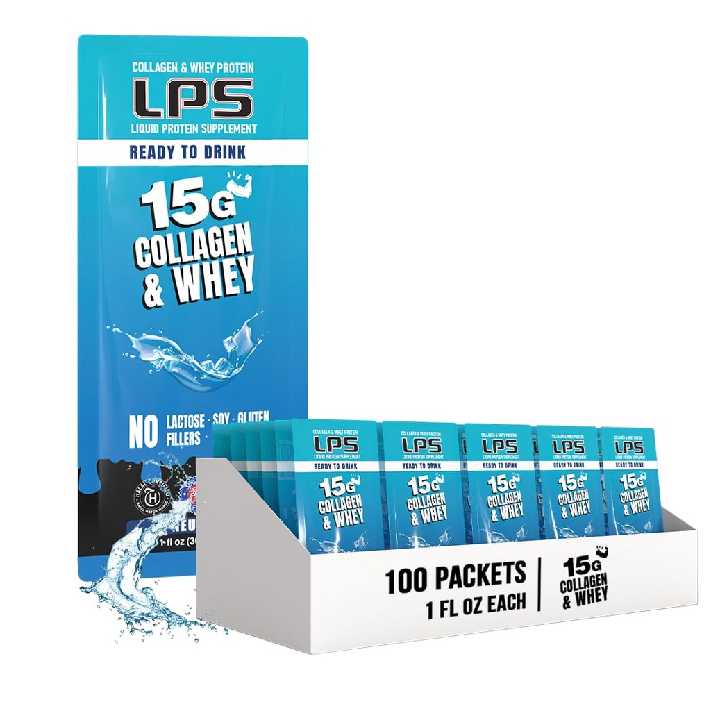 LPS Liquid Collagen & Wheey Protein Supplement - Non-GMO nápoj, bez cukru - Podporuje zdravú pokožku a vlasy pre mužov a ženy, Neutrálne, Single Serve (100 paketov)