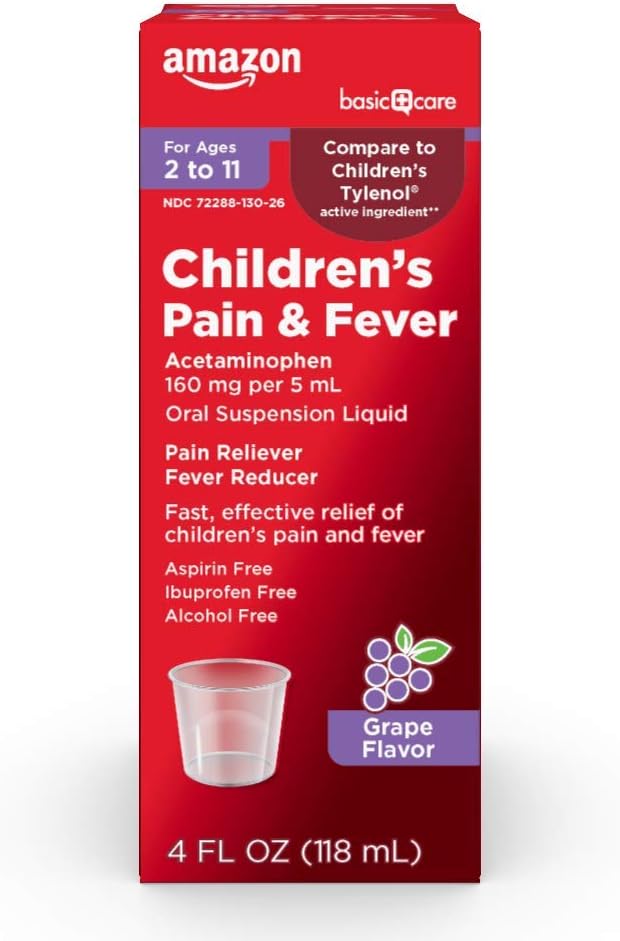 Amazon Basic Care Children's Acetaminophen 160 mg per 5 ml perorálna suspenzia, hroznová aróma, bolesť Reliyver a horúčka Redukcia bolesti hlavy, bolesti hrdla a zubov, 4 fl oz (Pack of 1)