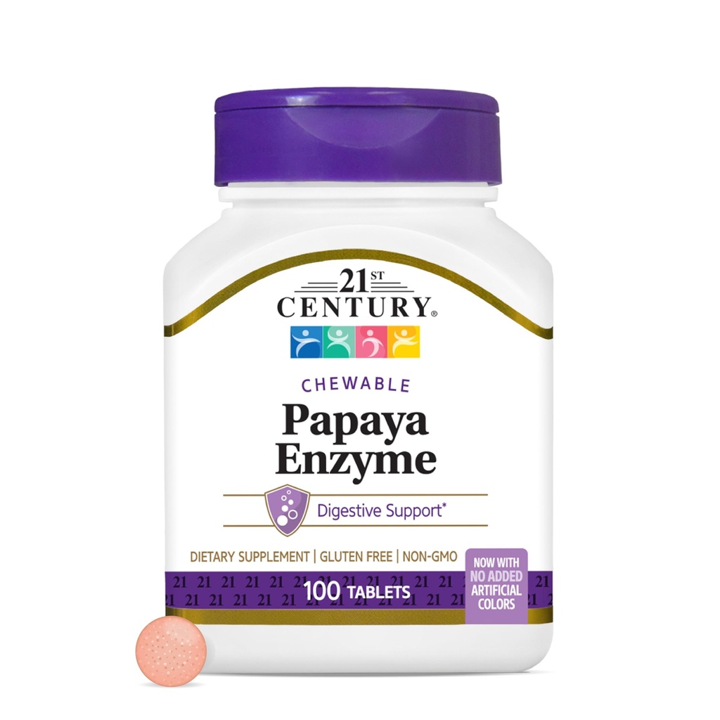 21st Century Papaya Enzyme Chewable (100 count), Papaya & Ananás Digestive Enzymes for Gut Health, Tropical Flavor, Non-GMO, Gluten-Free, No Addded Salt, Artific Flavors