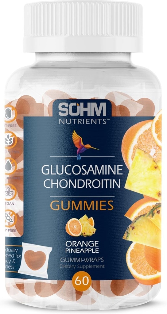 SOHM Glukozamín a chondroitín Gummies 60 Počet Individuálne zabalené, Podporuje kĺby zdravie a kosti, Glukozamín Chondroitín Gummies pre mužov a ženy Vegetarián (Pineapple, Orange)