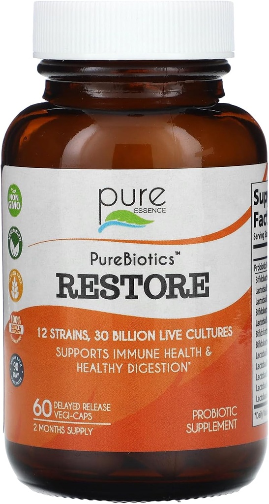 PURE ESSENCE LABS obnoviť probiotické doplnok 30 miliarda CFU - Probiotiká pre mužov a ženy - 12 kmeňov pre imunitnú podporu a trávenie zdravie - Prírodná podpora pre zmiernenie zápcha (60 Caps)