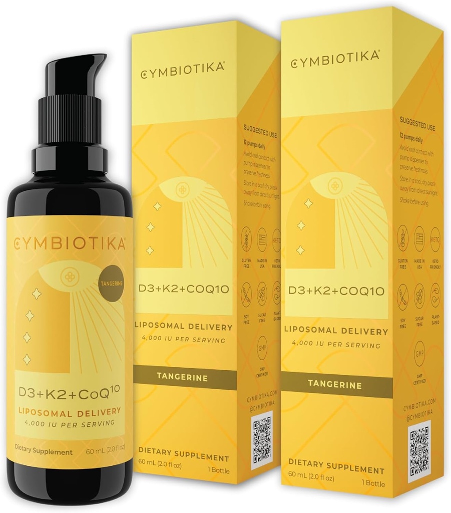 CYMBIOTIKA Vitamín D3 + K2 + CoQ10 Tekutý, Vitamín D doplnok pre imunitnú podporu, Zdravie srdca a kostí, Energy Booster, Lipozomálna dodávka, Vegan, Tangerine Flavor, 2ks (4.0 fl oz.)