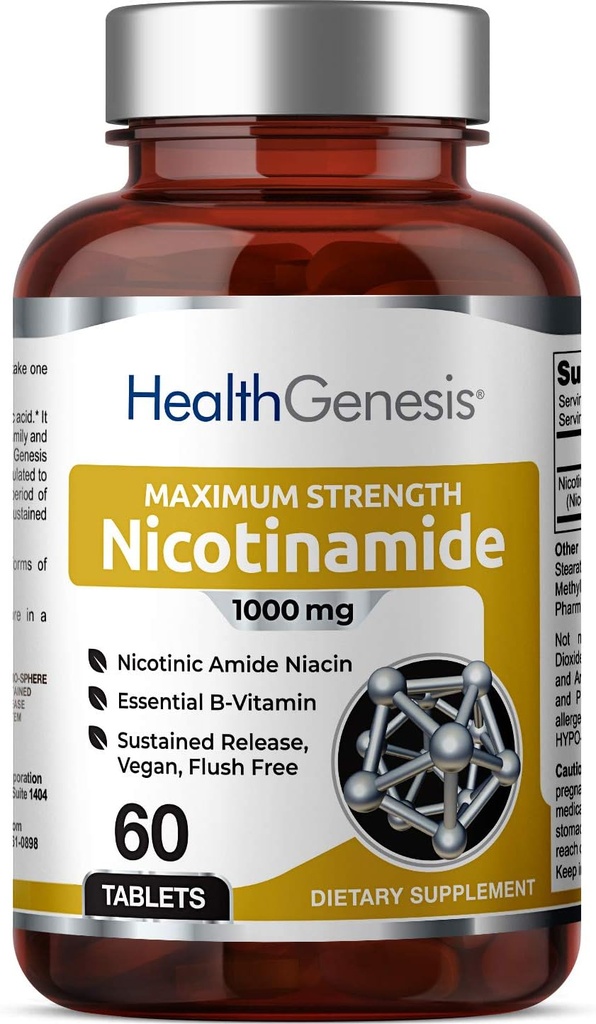 B-3 Nikotínamid 1000 mg 60 Tabs Extra sila pomalé uvoľnenie - Prírodné Flush-free vitamín Formula 
