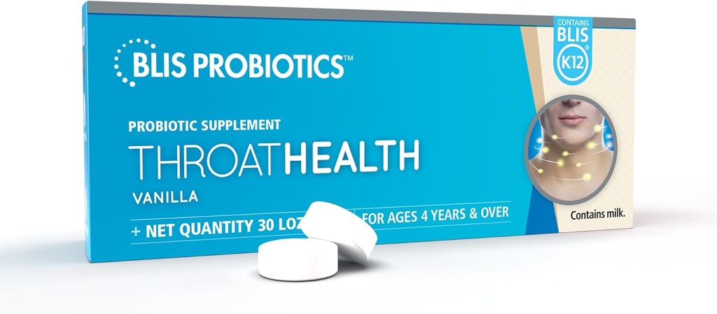 BLIS ThroatHealth Orálne probiotiká K12 - Immune & Throat Support, Vanilla - 30 Lozenges, 2,5 miliardy CFU