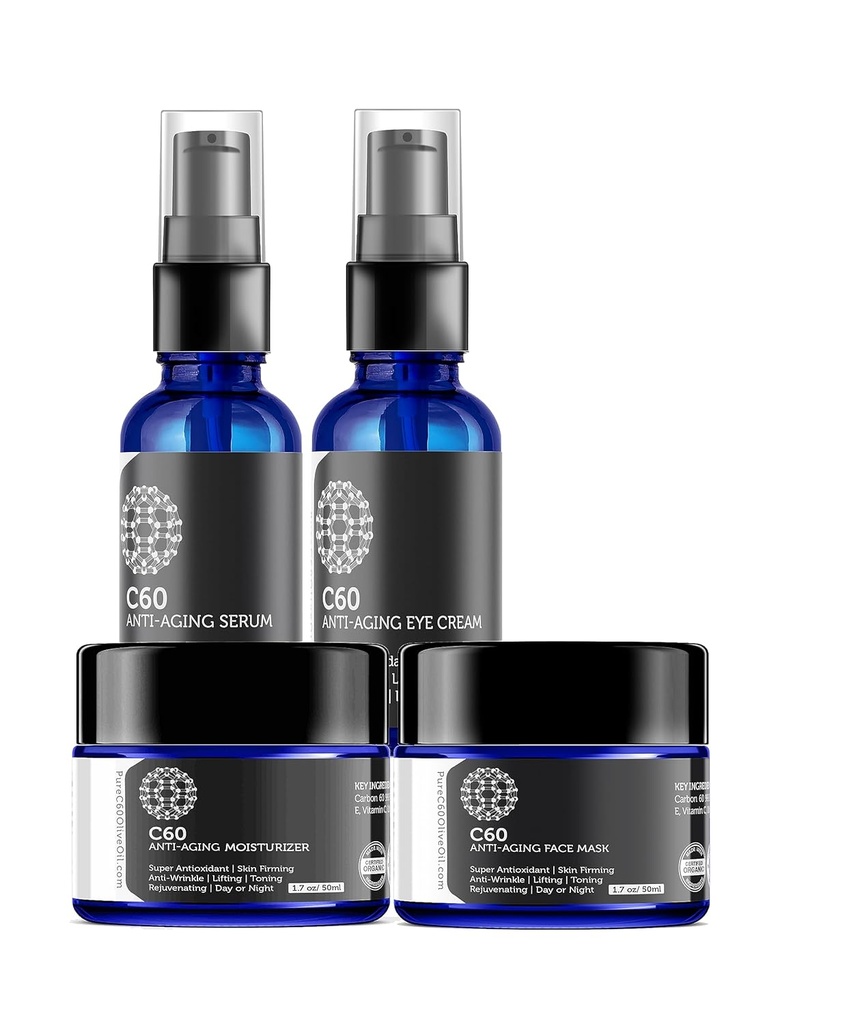 C60 Kompletné riešenie starostlivosti o pleť - Anti Aging Hydratačný, Maska, Očný krém a sérum s uhlíkom 60 Superantioxidant - Brightening pre tmavé škvrny, dokonca aj tone kože, očná plocha, jemné linky a vrásky