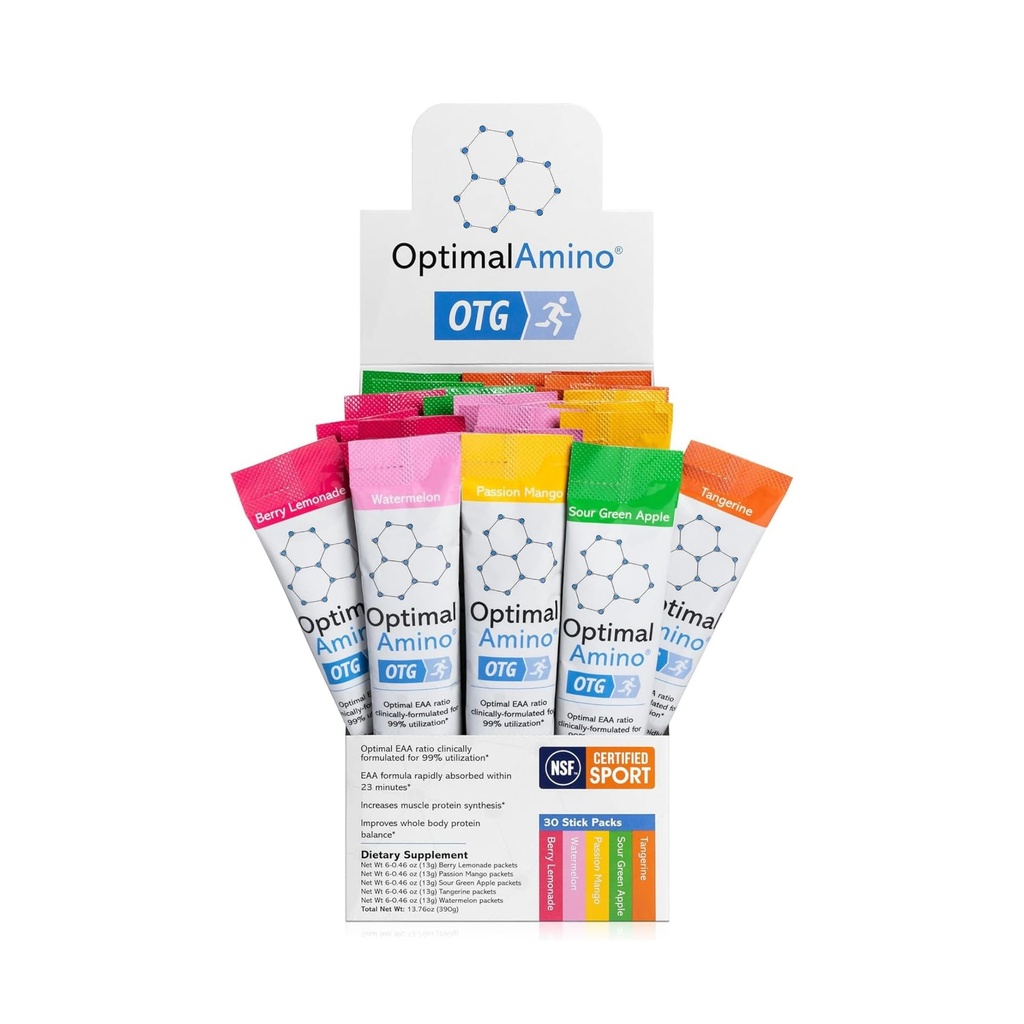 OptimalAmino OTG Stick balenia, 5 flavor odrodové box (30 počet), 99% použité Essential Amino Acid (EAA) doplnok, zvýšenie svalovej obnovy, Vegan/Keto Pre/Post Certified pre šport