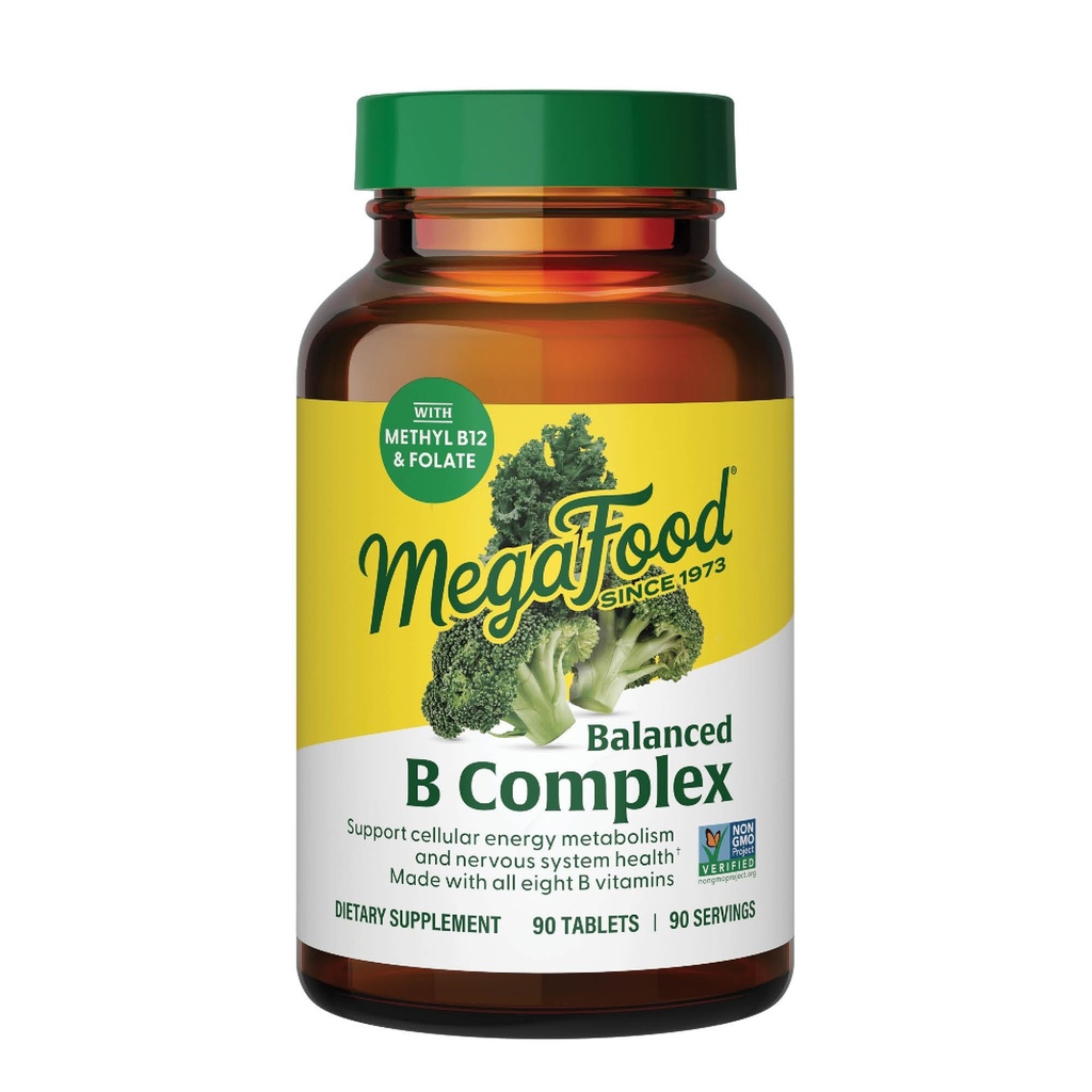 MegaFood Balanced B Complex - B Complex Vitamín Supplement, 8 B Vitamíny vrátane vitamínu B6, vitamín B12, folát, biotín a viac, podporuje produkciu bunkovej energie, Vegan, bez lepidla - 90 tabliet