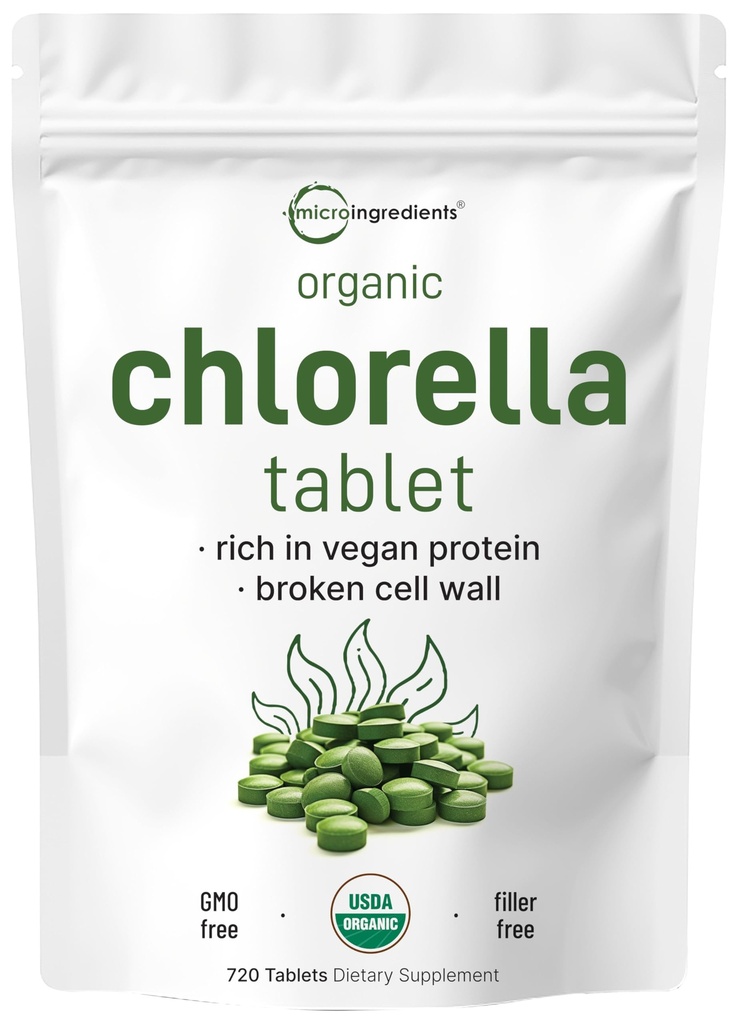 Organic Chlórella Tablety, 500 mg na tabletu, 720 Tabs (360 Grams), 4 mesiace Supply, Broken Cell Wall, Rich in Vegan Protein & Vitamíny, No Filler, Žiadne prídavné látky & Non-GMO 