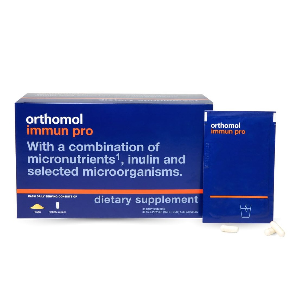 Orthomol Immun Pro, Immune Support, Probiotic Gut Health Supplement, Inulin Prebiotic Fiber, 30-Day Supply, Vitamín A, B, C, D, E, Zinok, Iodine, Probiotiká pre ženy a mužov, Denný prášok a kapsule