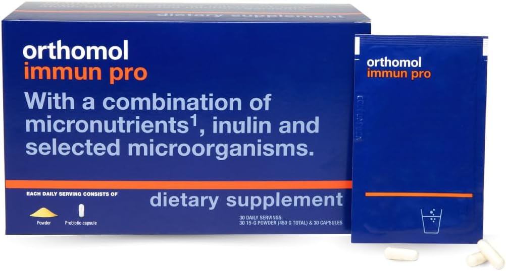 Orthomol Immun Pro, Immune Support, Probiotic Gut Health Supplement, Inulin Prebiotic Fiber, 30-Day Supply, Vitamín A, B, C, D, E, Zinok, Iodine, Probiotiká pre ženy a mužov, Denný prášok a kapsule