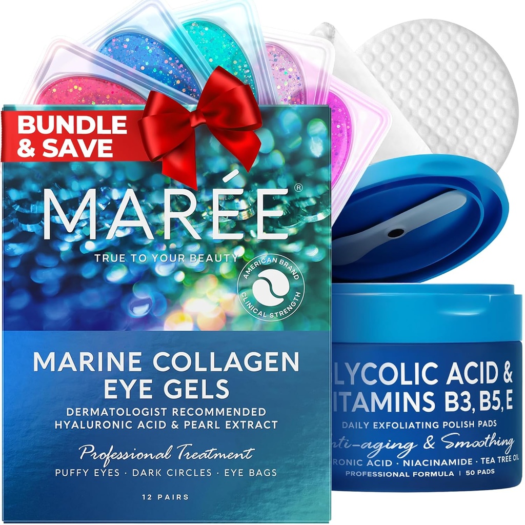 MAREE Skin Care Bundle - očné gély, tvárová poľština - Pod očné gély pre opuchnuté oči a tmavé kruhy - Glykolické kyseliny peel Pads - Marine Collagen & Hyalurónová kyselina - kyselina salicylová a vitamíny E, B3, B5