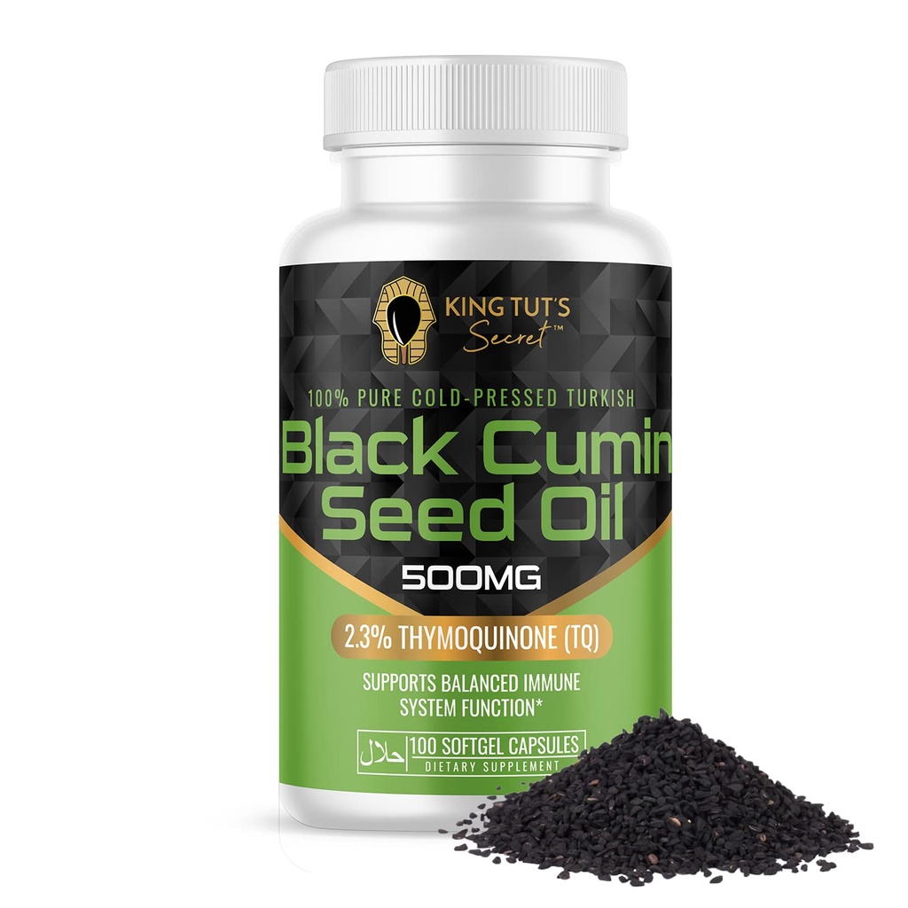 KING TUT SECRET Black Seed Capsules - 500 mg 100 Softgels - Nigella Sativa Extract, Black Cumin Supplement for Hair, Antioxidant Support, Immune System - Halal Black Seed Cumin Oil Capsules