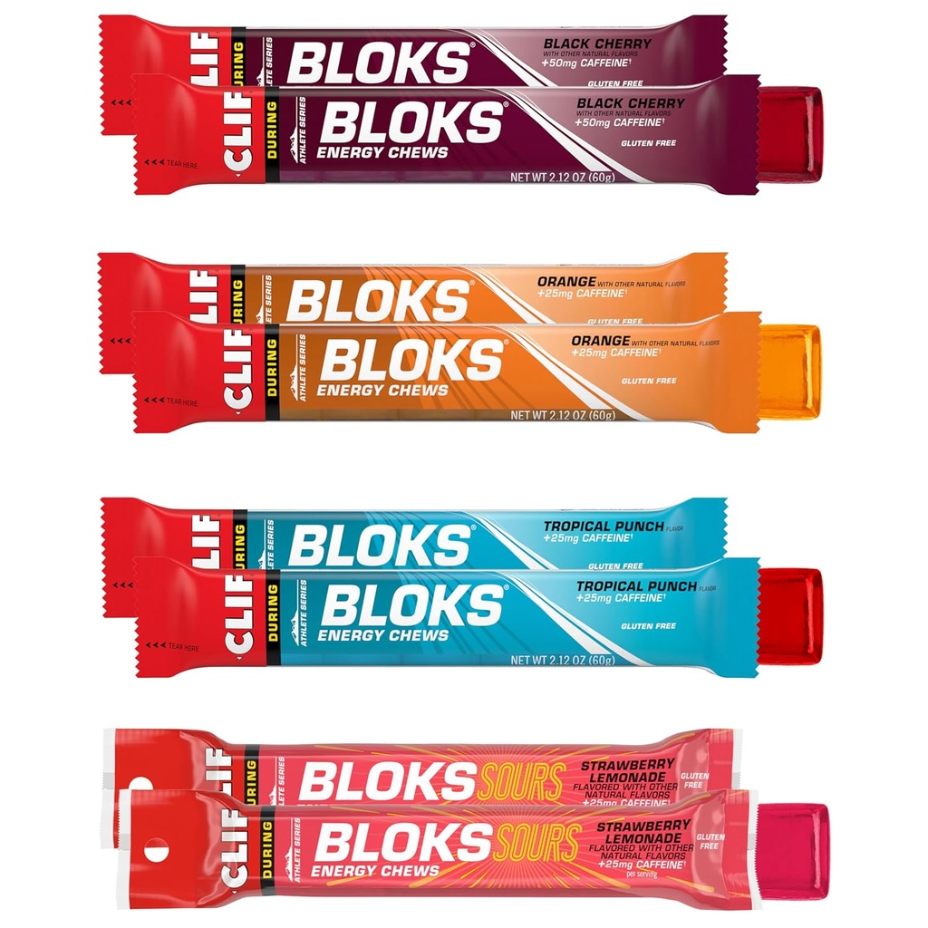 Clif Bloks - Energetické žuvačky s kofeínom - Variabilné balenie - Non-GMO - Plant Based - Fast Fuel for Cycling and Running - Quick Carbohydrates and Electrolytes - 2.12 oz. Pakety (8 počet)
