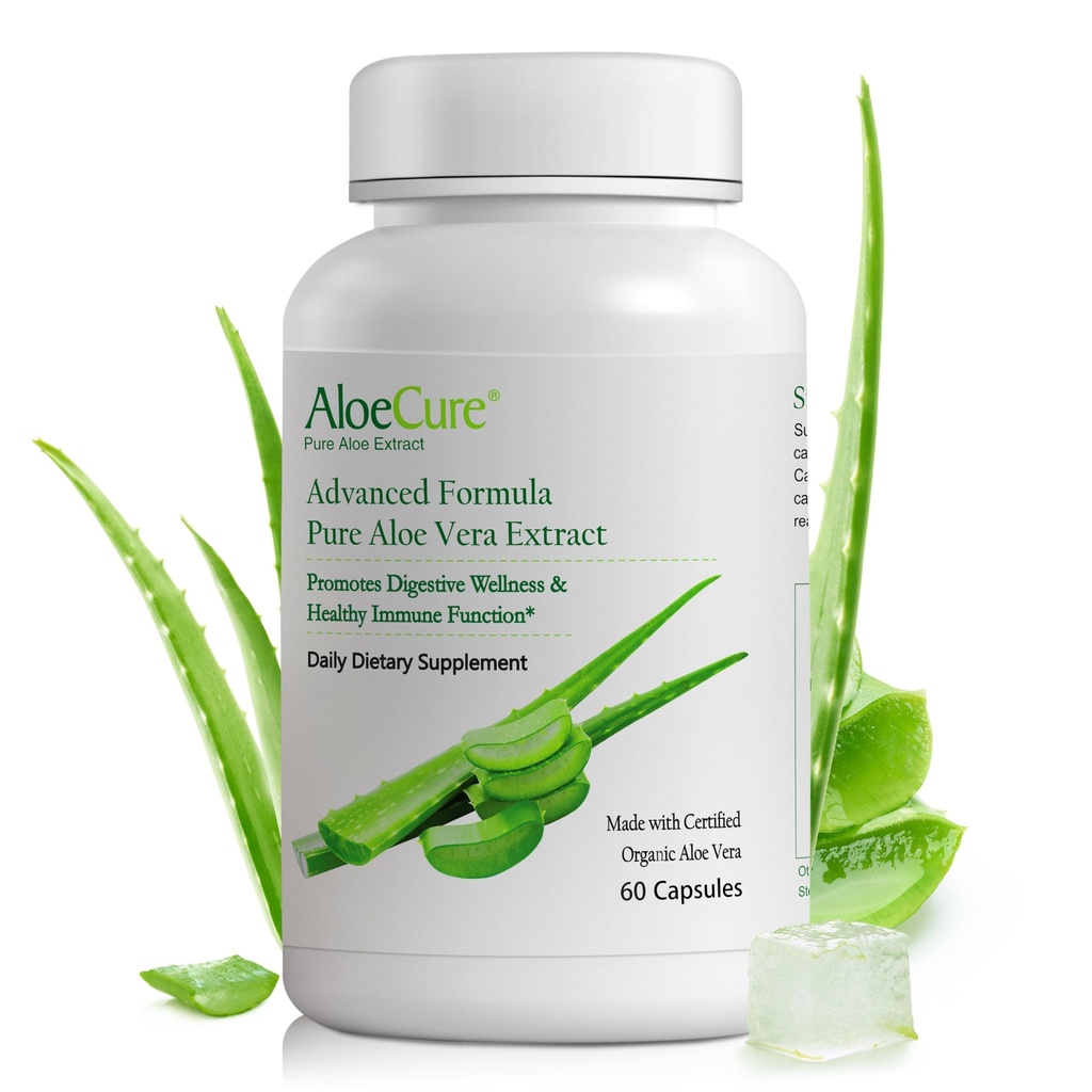 AloeCure Organic Aloe Vera Kapsule, 160 000mg Inner Aloe Leaf Equivalent per Serving, Support Gut, Digestive, & Immune Health, pomáha udržiavať vyváženú žalúdočnú aciditu, Aloin Free, 60 Kapsule