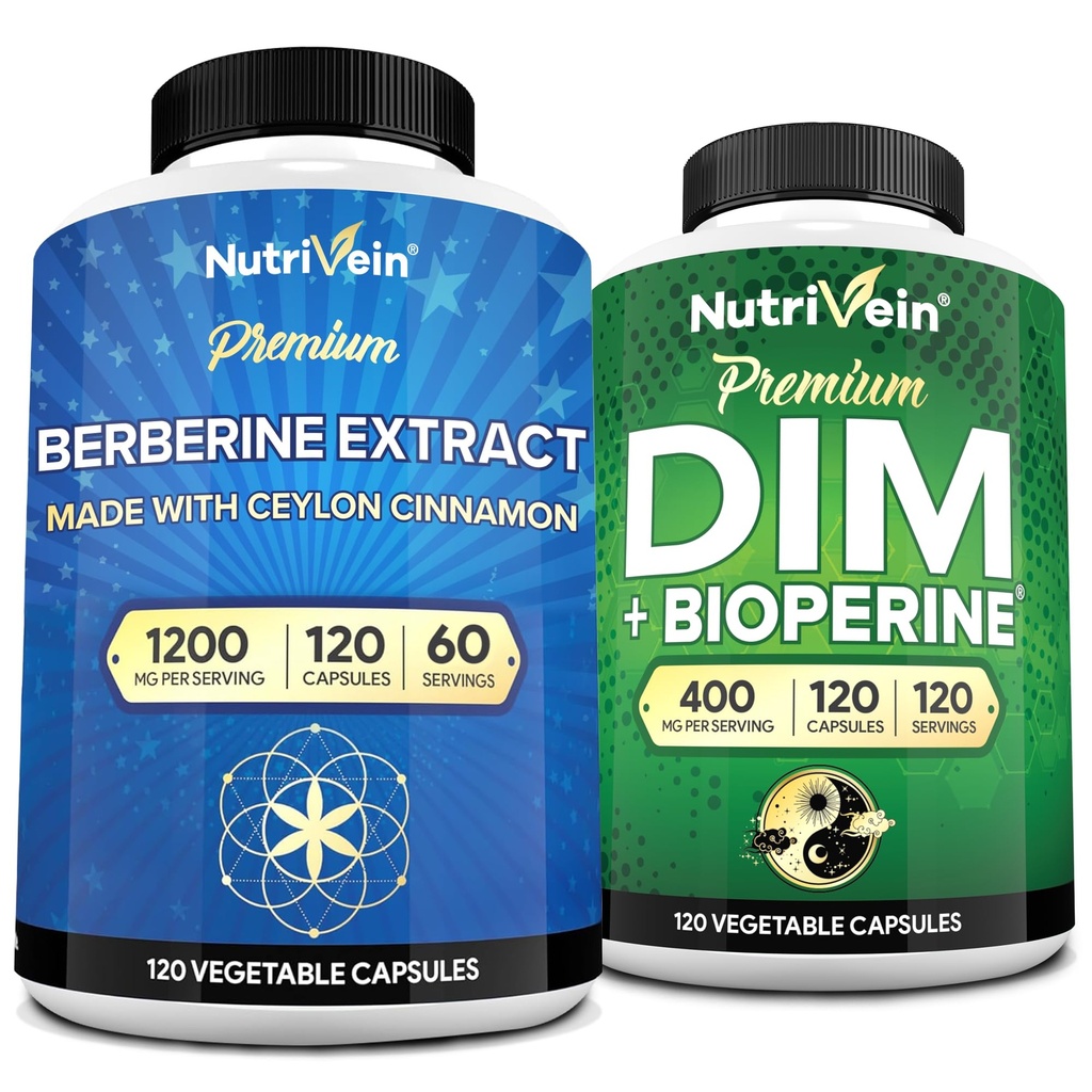 Nutrivein Premium DIM & Berberine Supplement Bundle: High-Absorption Berberine & DIM Supplement with Bioperine - for Hormonal Balance, Tráviaca pravidelnosť, Metabolizmus, & Celková Wellness