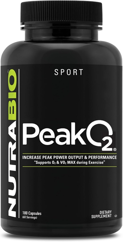 NutraBio PeakO2 Workout Supplement, 180 Capsules - Mushroom Blend Supplement to Help Enhance Athletic Performance and Overall Health, 60 Servings