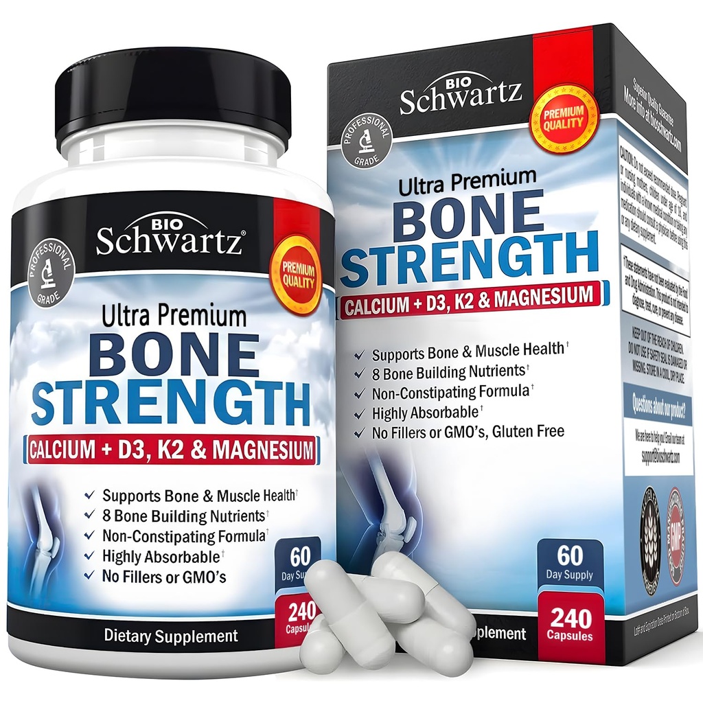BioSchwartz Bone Strength Supplement - Gentle non-Constiping Bone Health Supplement for Women & Muži s 9-in-1 komplexom s horčíkovým zinkom D3 K2 a viac - 3. strana testované - 2 mesiace