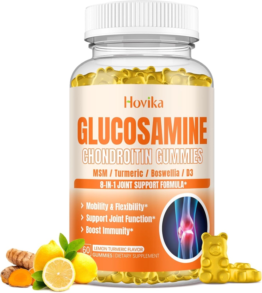 Glukozamín Chondroitín MSM Gummies 1500mg - Joint Suplement with Turmeric, Boswellia, Vitamín D3, Kyselina hyaluronová, Antioxidant, Immune Support for Adults, Men & Women Vegan, 60 Gummies