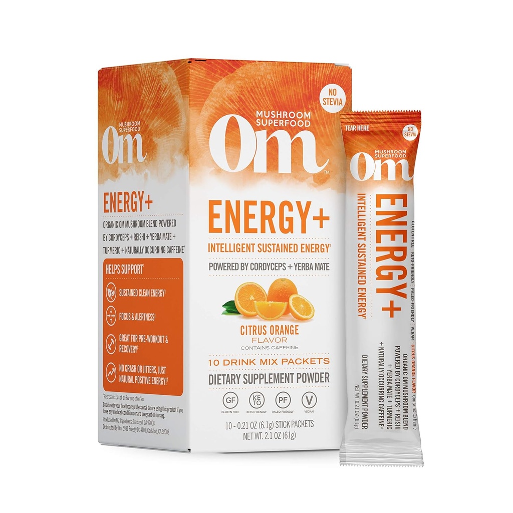 OM MUSHROOM SUPERFOOD Energy Plus Mushrom Powder Drink Mix, Citrus Orange, Single Serve, 10 Gróf, Mushrom Blend, Cordyceps, Yerba Mate, Tumeric, Vitamín B Complex, Pre-Workout, Immune Supplement