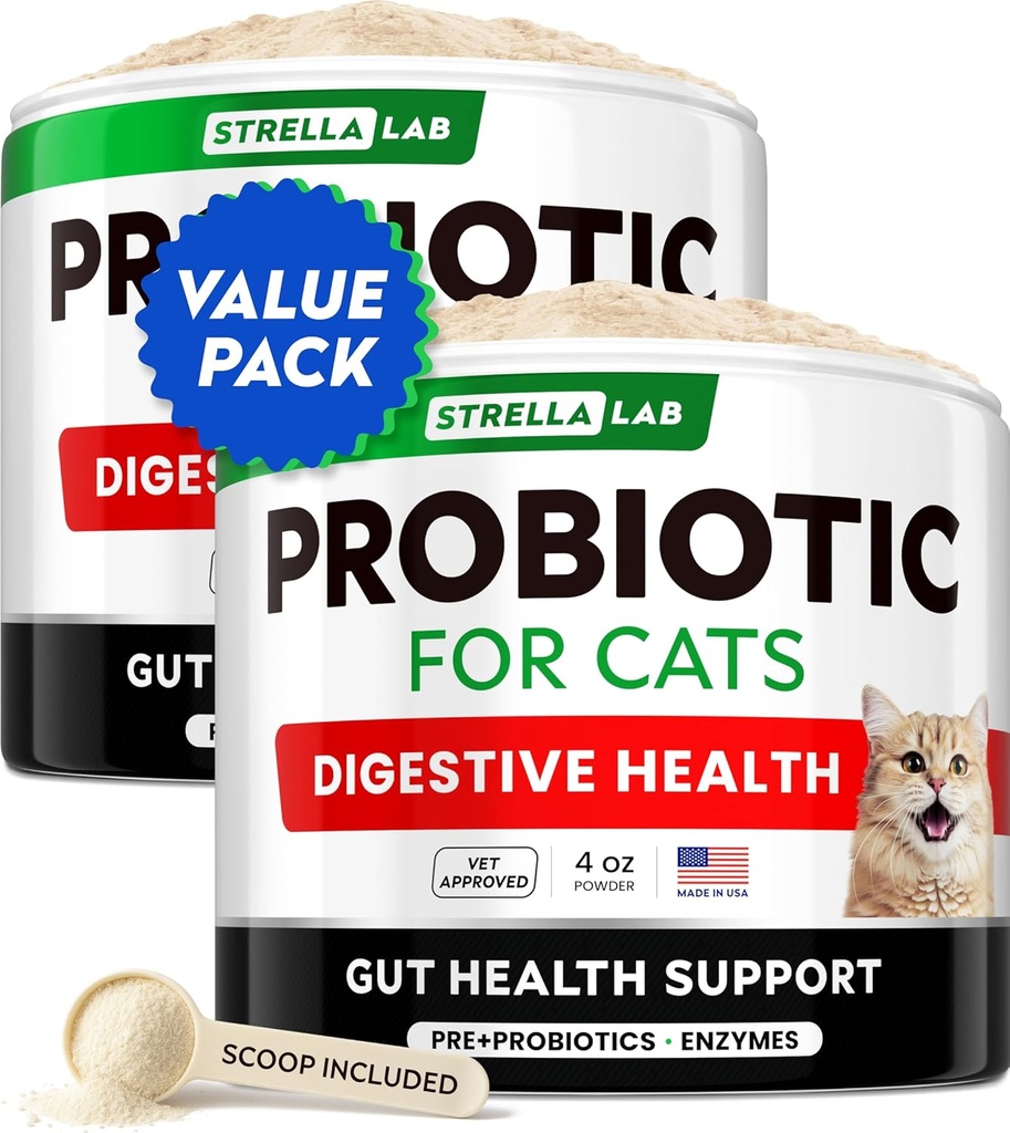 StrellaLab Cat Probiotic Powder - Probiotiká pre mačky s hnačkou - Ľahko zmiešať prášok - Cat Probiotiká pre vnútorné mačky, Zdravie Dodávky stravy Supplement, Tráviaca podpora (8 oz/Pack of 2)