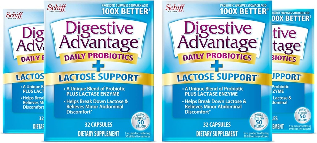 Digestive Advantage Lactose Defense - Breaks down lactose to defend against digestive upset, 32 Capsules (Pack of 4)