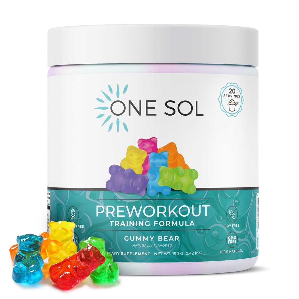 One Sol Pre-Workout pre ženy, Vylepšené čerpadlo a zaostrenie, Žiadne nervy alebo Crash, Prírodné zložky, 100% Vegan, Gluten Free & Soy Free, (Gummy Bear)